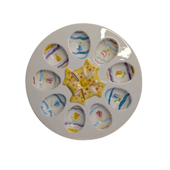 World Bazaar's Inc. Dining Serveware, Easter Pastel Tulips Deviled Eggs Platter - Picture 1 of 9